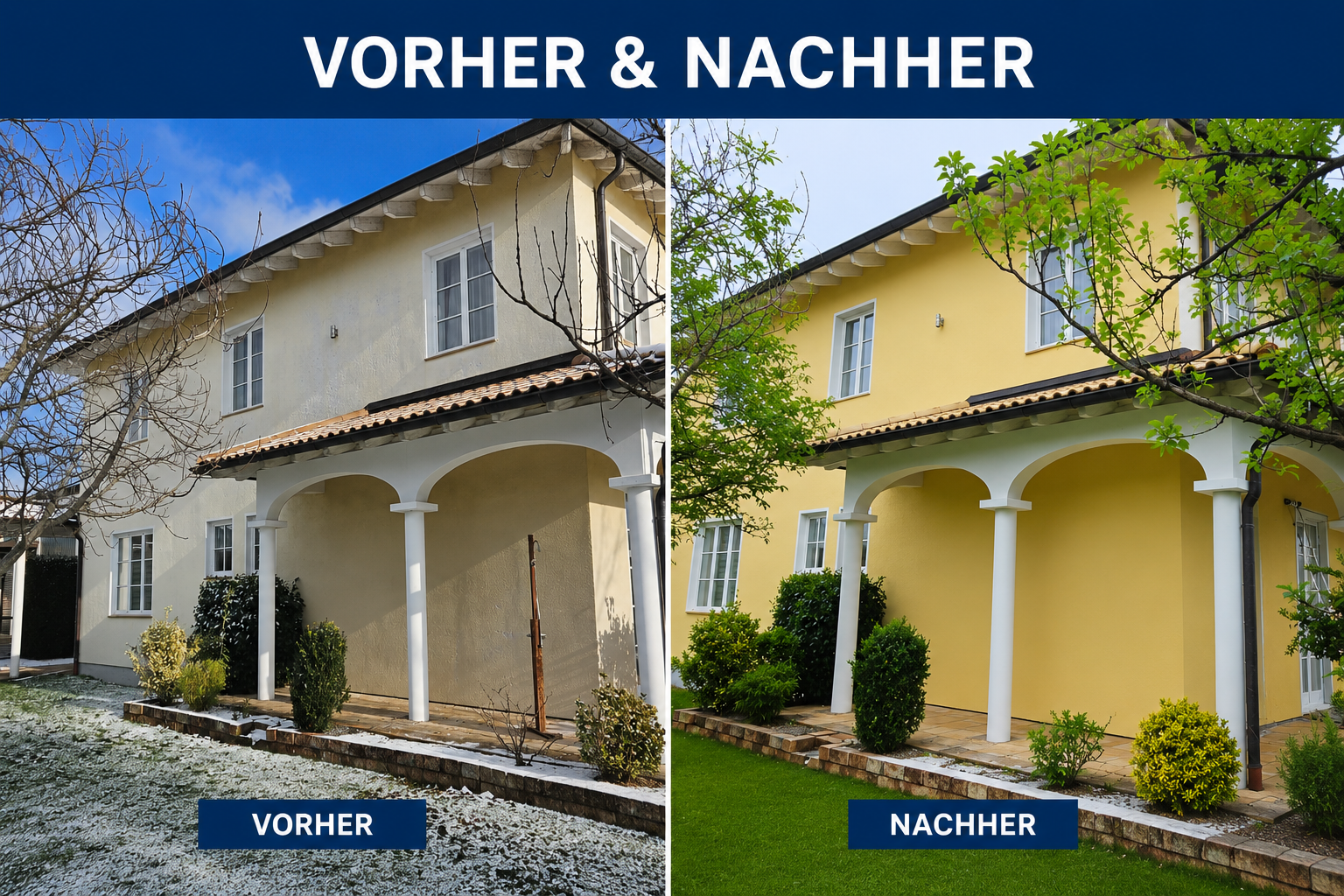 Fassade vorher und nachher – verwittertes Haus gegenüber frisch in Gelb gestrichener Fassade